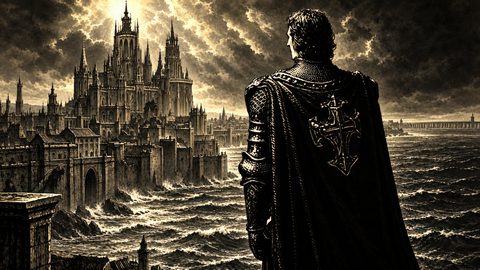 GRID THUMBNAIL — An armoured figure gazes over a vast gothic coastal city as stormy waves batter high seawalls beneath dramatic, cloud-split light in sepia tones.