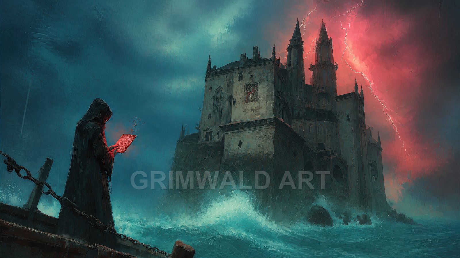 Gothic castle battered by stormy waves beneath a crimson lightning sky, with a hooded figure reading a glowing book aboard a small boat.