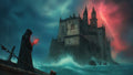 GRID THUMBNAIL — Gothic castle battered by stormy waves beneath a crimson lightning sky, with a hooded figure reading a glowing book aboard a small boat.