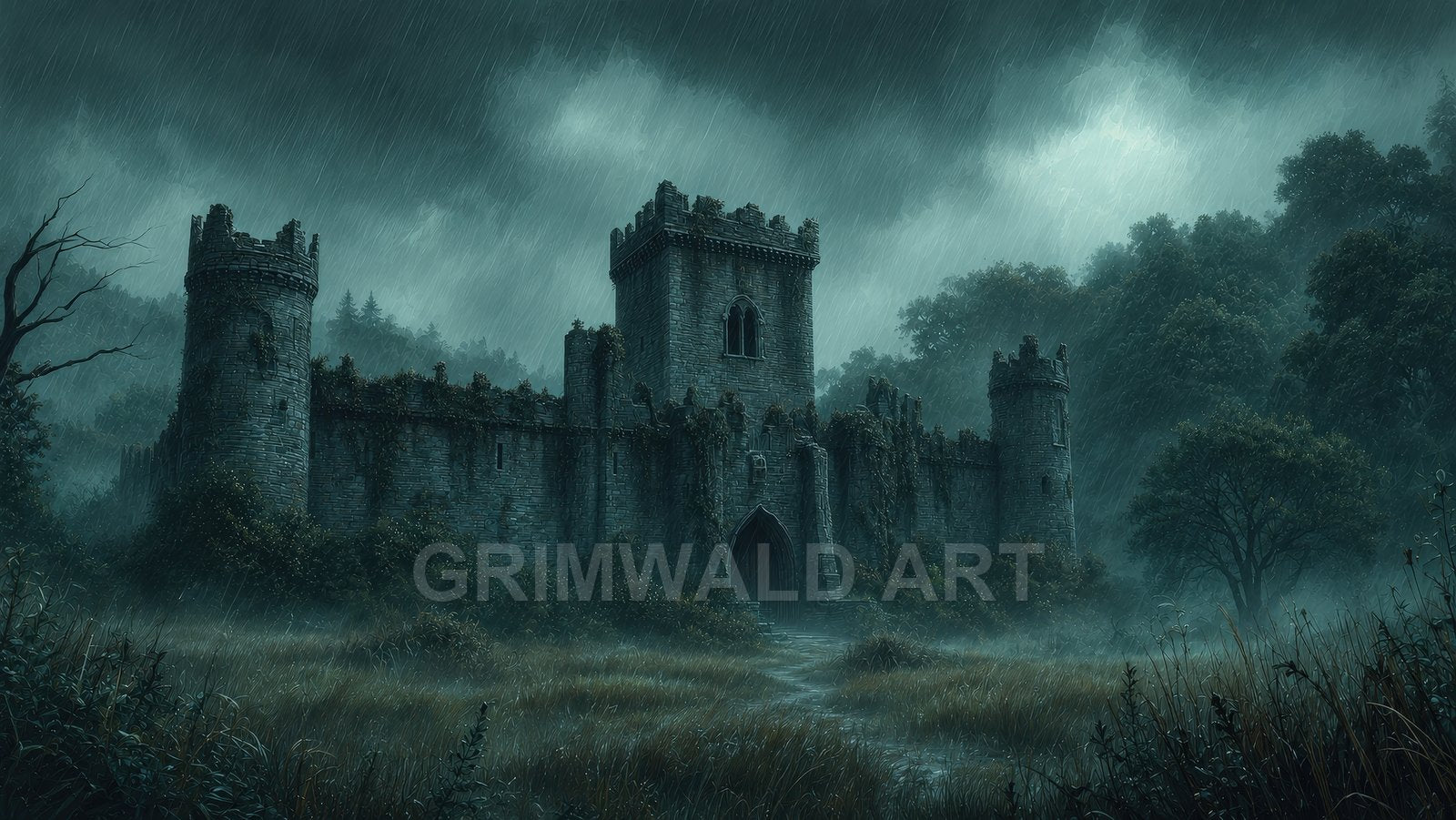 Old stone castle with ivy-clad towers in heavy rain, surrounded by misty forest and marshy grass, under dark storm clouds at dusk.