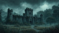 GRID THUMBNAIL — Old stone castle with ivy-clad towers in heavy rain, surrounded by misty forest and marshy grass, under dark storm clouds at dusk.
