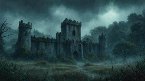 GRID THUMBNAIL — Old stone castle with ivy-clad towers in heavy rain, surrounded by misty forest and marshy grass, under dark storm clouds at dusk.