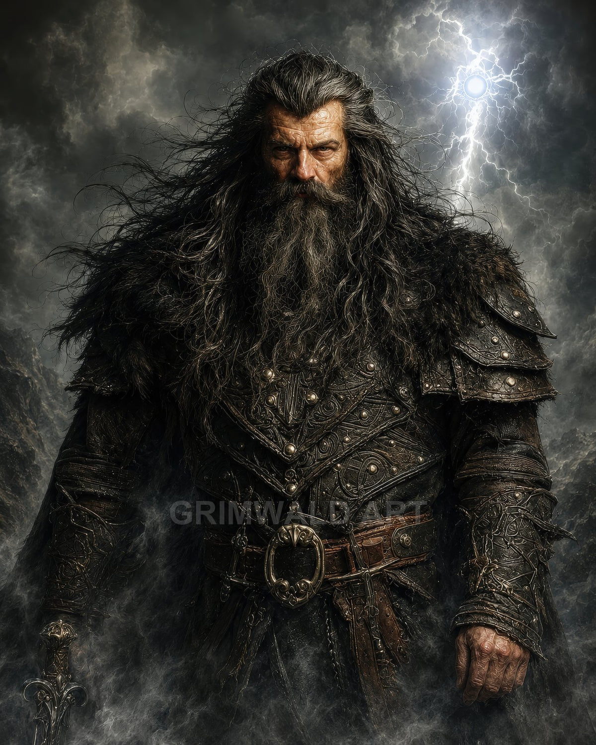 Armoured, grey-bearded man in fur-trimmed leather stands amid swirling mist, storm clouds and lightning illuminating a rugged mountain backdrop.