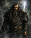 GRID THUMBNAIL — Armoured, grey-bearded man in fur-trimmed leather stands amid swirling mist, storm clouds and lightning illuminating a rugged mountain backdrop.