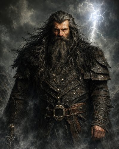 GRID THUMBNAIL — Armoured, grey-bearded man in fur-trimmed leather stands amid swirling mist, storm clouds and lightning illuminating a rugged mountain backdrop.