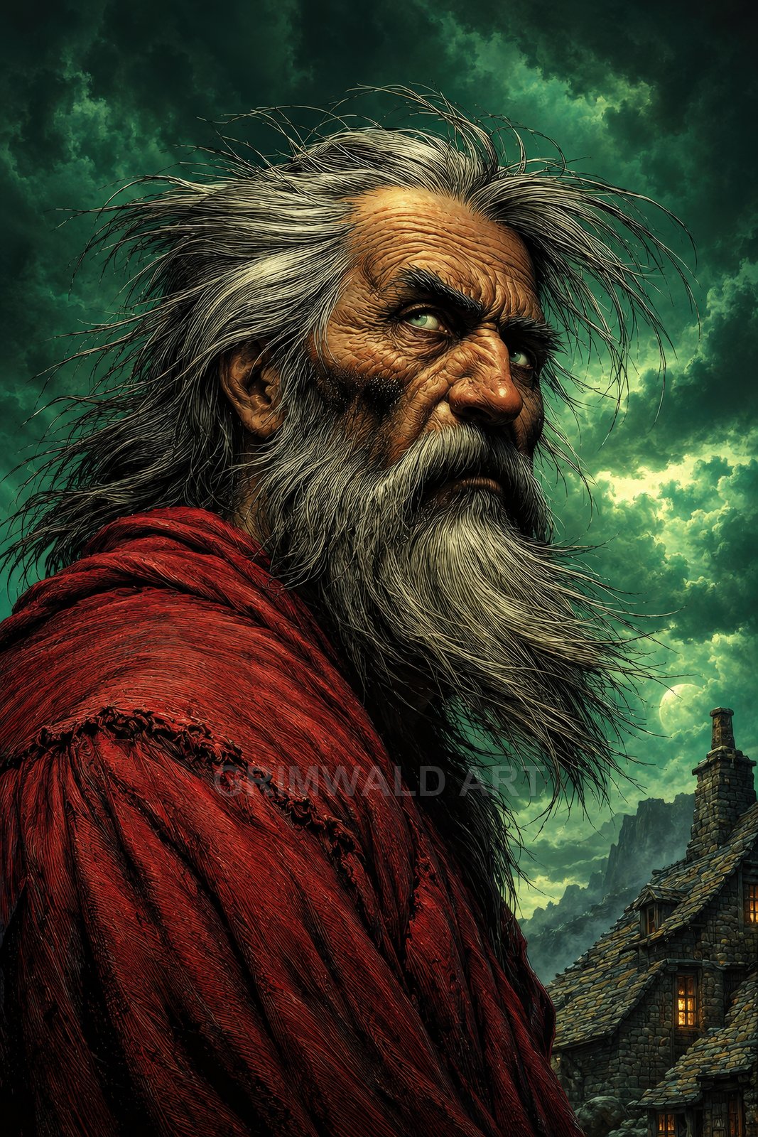 Weathered, bearded man in a red cloak stares fiercely beneath a stormy green sky, with a moonlit mountain village behind.