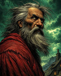 GRID THUMBNAIL — Weathered, bearded man in a red cloak stares fiercely beneath a stormy green sky, with a moonlit mountain village behind.