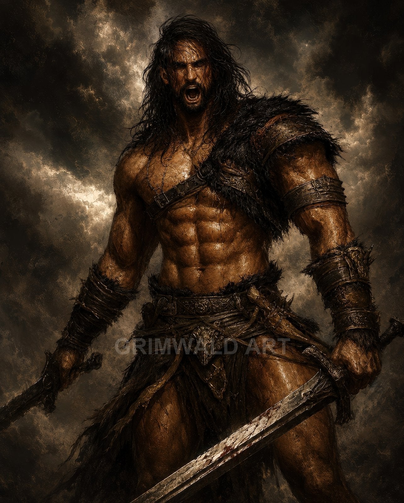 A roaring, muscular barbarian with long hair brandishes bloodied swords, wearing fur and leather armour before a brooding, storm-torn sky.