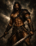 GRID THUMBNAIL — A roaring, muscular barbarian with long hair brandishes bloodied swords, wearing fur and leather armour before a brooding, storm-torn sky.