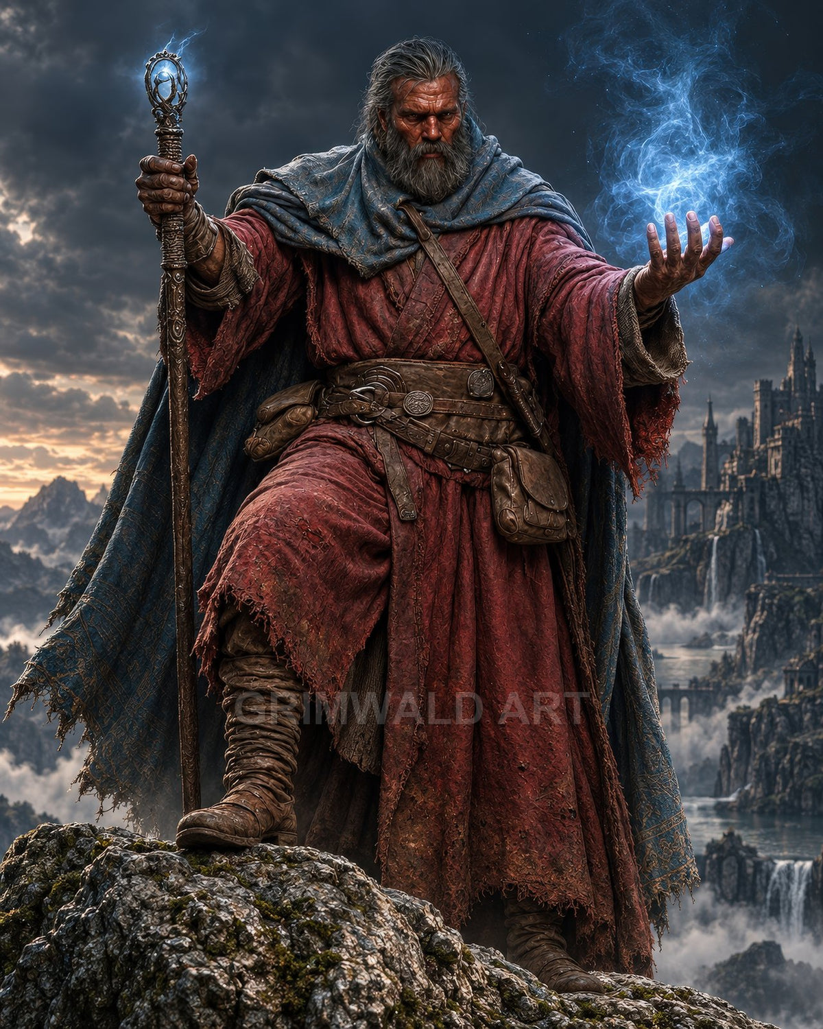 A bearded wizard in weathered robes conjures blue magic, gripping a crystal staff on a rocky peak, with storm clouds and a distant cliffside castle.