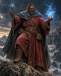 GRID THUMBNAIL — A bearded wizard in weathered robes conjures blue magic, gripping a crystal staff on a rocky peak, with storm clouds and a distant cliffside castle.