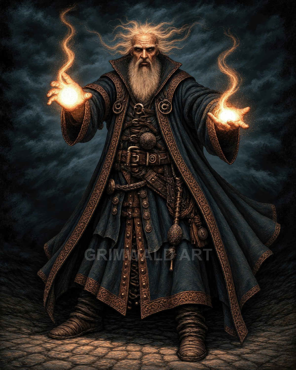 Bearded wizard in ornate blue robes conjures twin fiery orbs, standing on cobblestones under storm-dark skies, hair and cloak whipping.