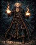 GRID THUMBNAIL — Bearded wizard in ornate blue robes conjures twin fiery orbs, standing on cobblestones under storm-dark skies, hair and cloak whipping.