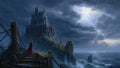 GRID THUMBNAIL — Gothic castle on a rocky sea cliff under a stormy sky, a red-cloaked figure on steps, chains, birds, and lightning over rough waves.