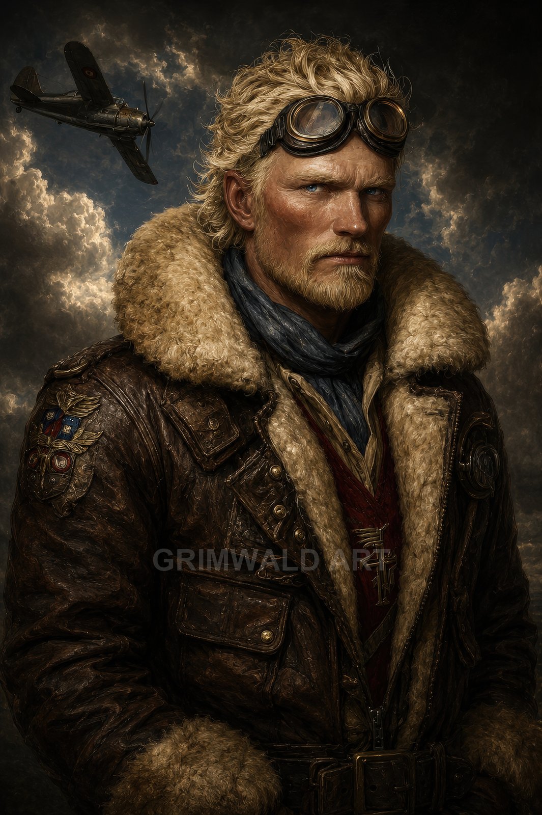 Portrait of a rugged male aviator in a shearling leather jacket with goggles, standing before storm clouds as a vintage fighter plane passes.