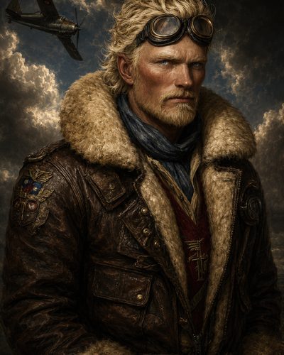 GRID THUMBNAIL — Portrait of a rugged male aviator in a shearling leather jacket with goggles, standing before storm clouds as a vintage fighter plane passes.
