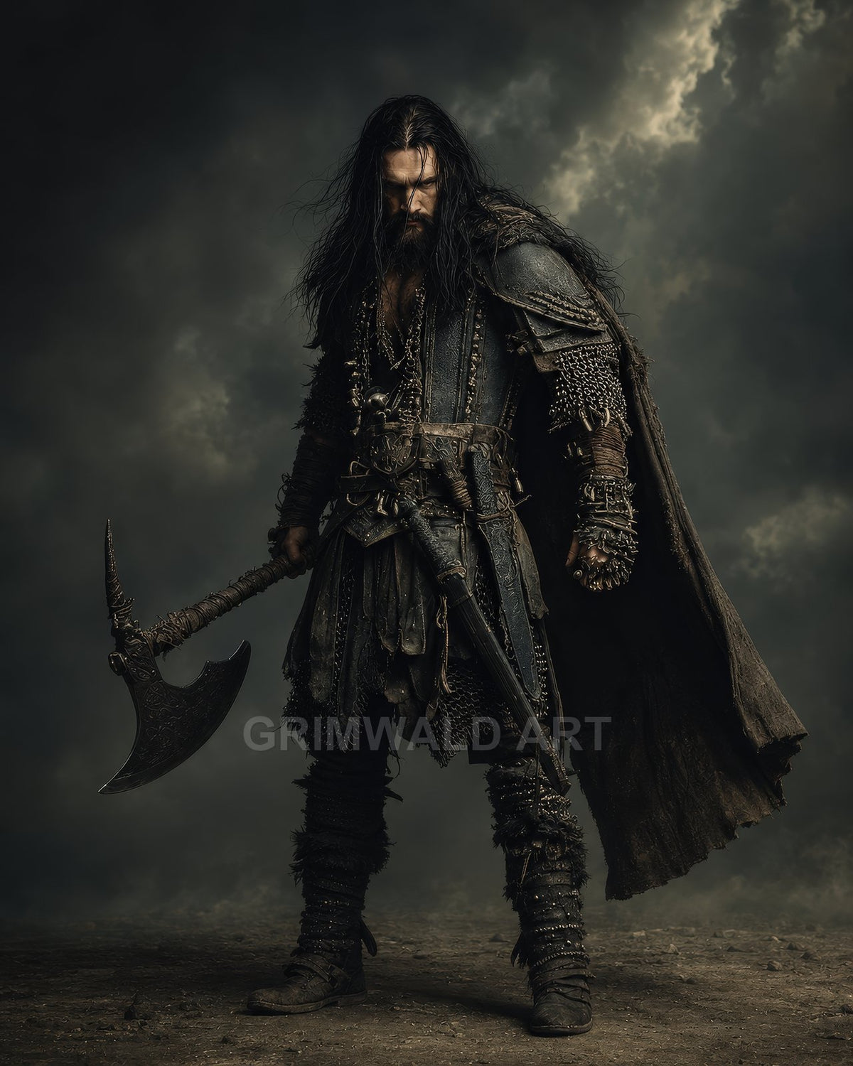A grim barbarian warrior in layered leather and chain armour grips an ornate battle axe under stormy clouds, cloaked and brooding in dark, cinematic light.