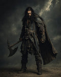 GRID THUMBNAIL — A grim barbarian warrior in layered leather and chain armour grips an ornate battle axe under stormy clouds, cloaked and brooding in dark, cinematic light.