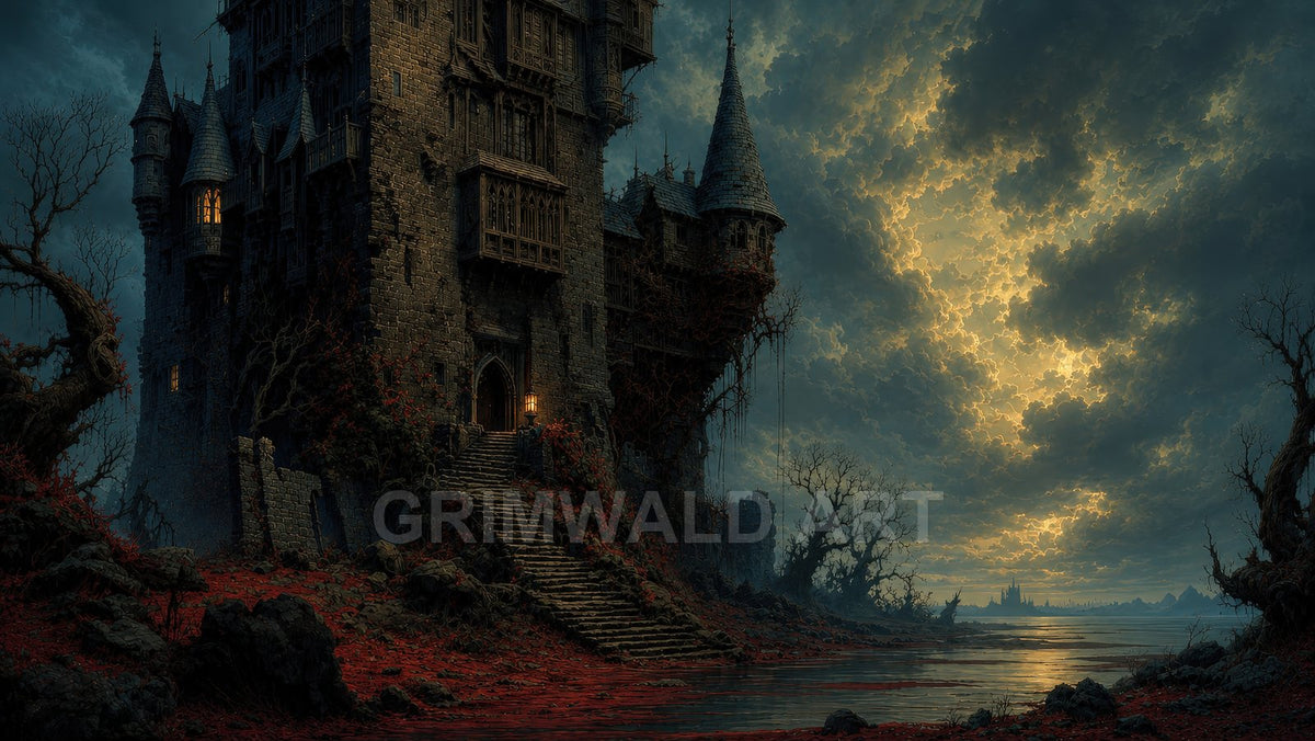 Dark gothic castle with lit windows above a still lake, stormy golden clouds, bare trees, and a red leaf-strewn shoreline at sunset.
