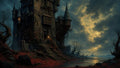 GRID THUMBNAIL — Dark gothic castle with lit windows above a still lake, stormy golden clouds, bare trees, and a red leaf-strewn shoreline at sunset.