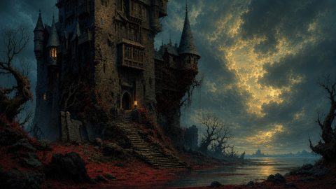 GRID THUMBNAIL — Dark gothic castle with lit windows above a still lake, stormy golden clouds, bare trees, and a red leaf-strewn shoreline at sunset.