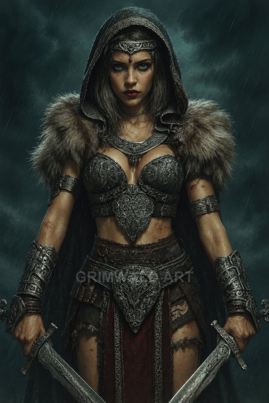 Armoured female warrior with fur-trimmed hood stands in heavy rain, gripping two ornate swords, storm clouds behind, staring forward with fierce resolve.