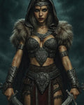 GRID THUMBNAIL — Armoured female warrior with fur-trimmed hood stands in heavy rain, gripping two ornate swords, storm clouds behind, staring forward with fierce resolve.