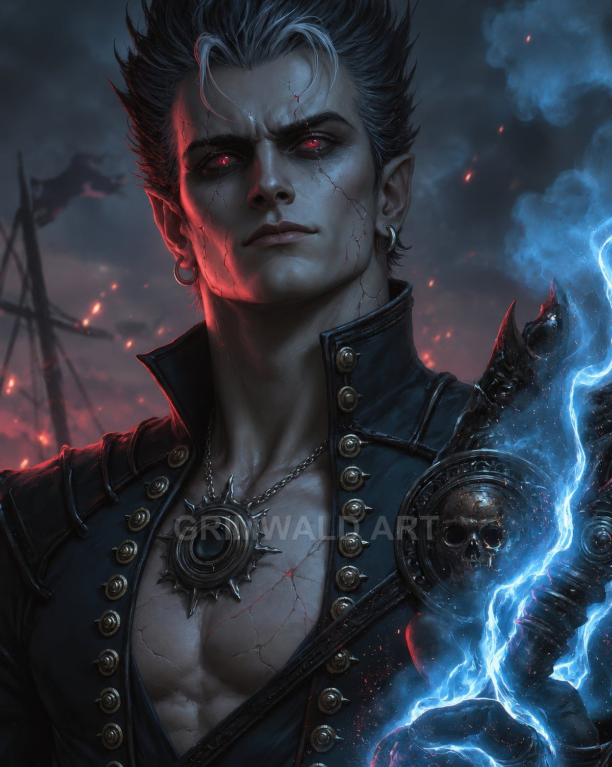 A pale male warlock with glowing red eyes channels blue lightning, wearing a studded black coat and skull armour amid a stormy night and burning embers.