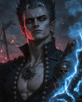 GRID THUMBNAIL — A pale male warlock with glowing red eyes channels blue lightning, wearing a studded black coat and skull armour amid a stormy night and burning embers.