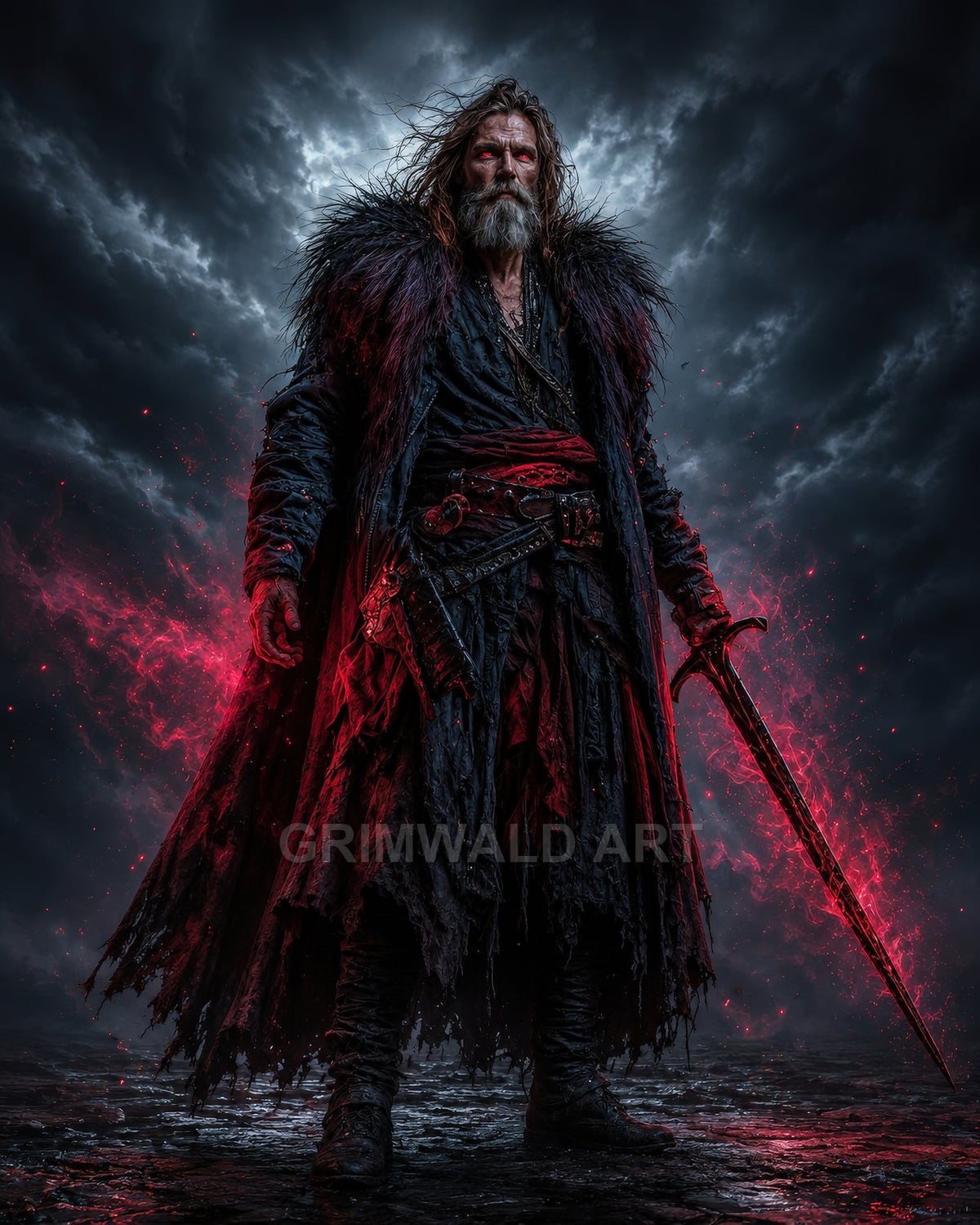 Grey-bearded warrior in tattered fur cloak holds a glowing red sword amid storm clouds and swirling crimson energy on wet cobblestones at night.