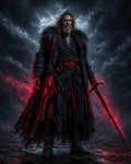 GRID THUMBNAIL — Grey-bearded warrior in tattered fur cloak holds a glowing red sword amid storm clouds and swirling crimson energy on wet cobblestones at night.