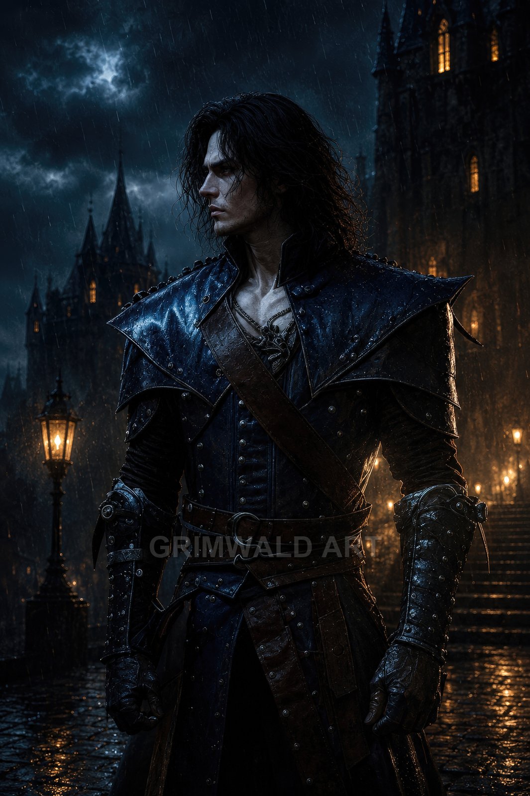 Dark-haired man in studded leather armour stands in the rain at night before a gothic castle, lamplight glowing along a cobbled street.
