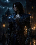 GRID THUMBNAIL — Dark-haired man in studded leather armour stands in the rain at night before a gothic castle, lamplight glowing along a cobbled street.
