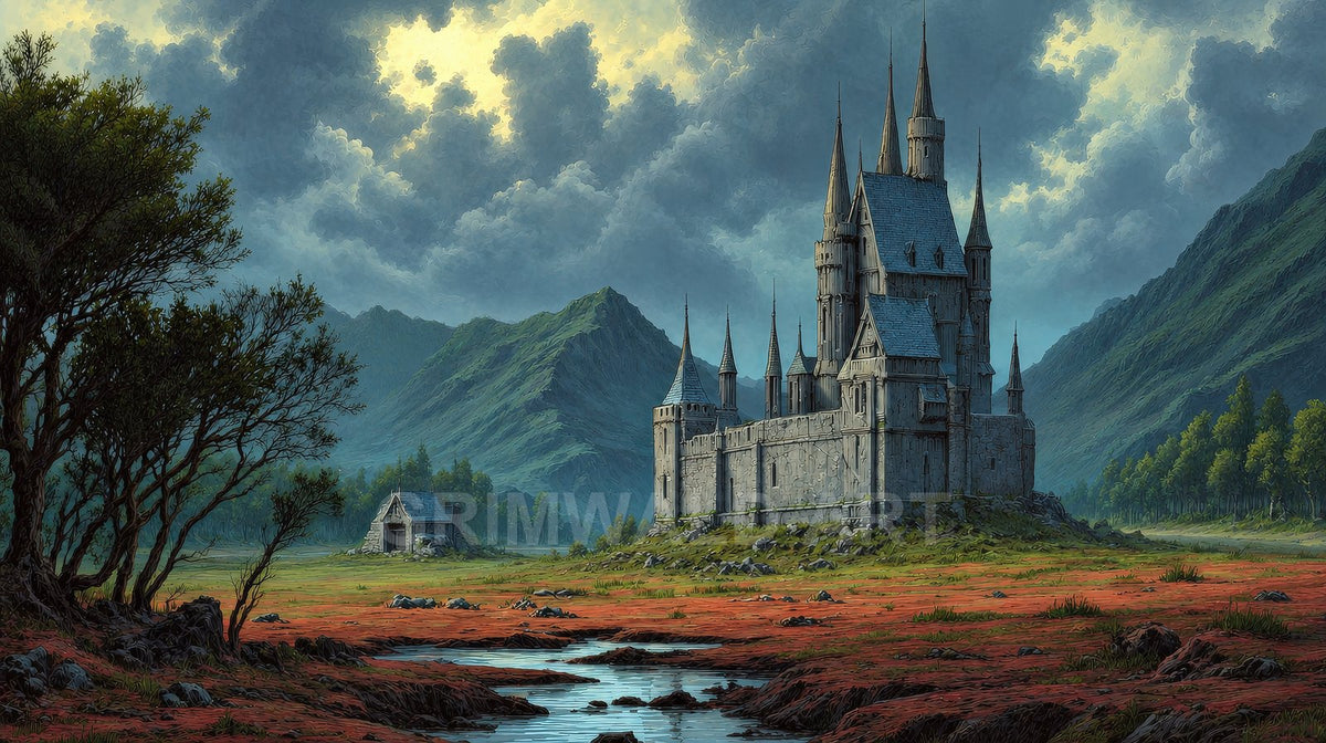 Tall-spired stone castle in a mountain valley under stormy clouds, with a winding stream, russet moorland, wind-bent trees, and a lone cottage.