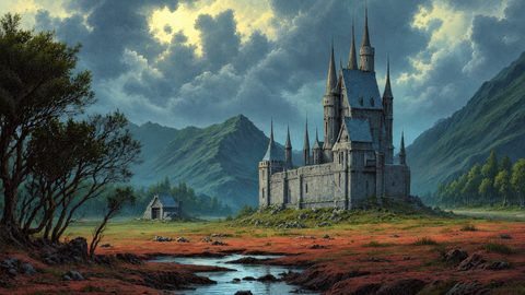 GRID THUMBNAIL — Tall-spired stone castle in a mountain valley under stormy clouds, with a winding stream, russet moorland, wind-bent trees, and a lone cottage.