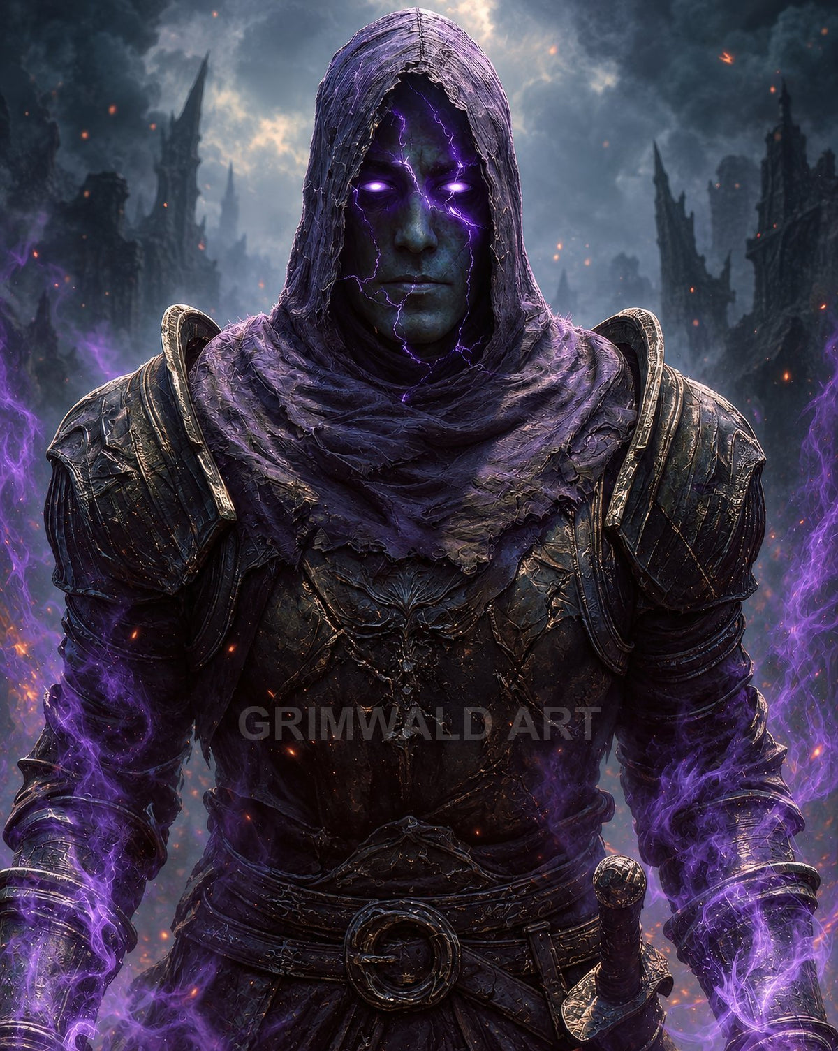Armoured hooded warlock with glowing purple eyes channels crackling violet magic amid stormlit gothic ruins, dark armour and sword at his belt.