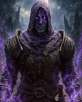 GRID THUMBNAIL — Armoured hooded warlock with glowing purple eyes channels crackling violet magic amid stormlit gothic ruins, dark armour and sword at his belt.