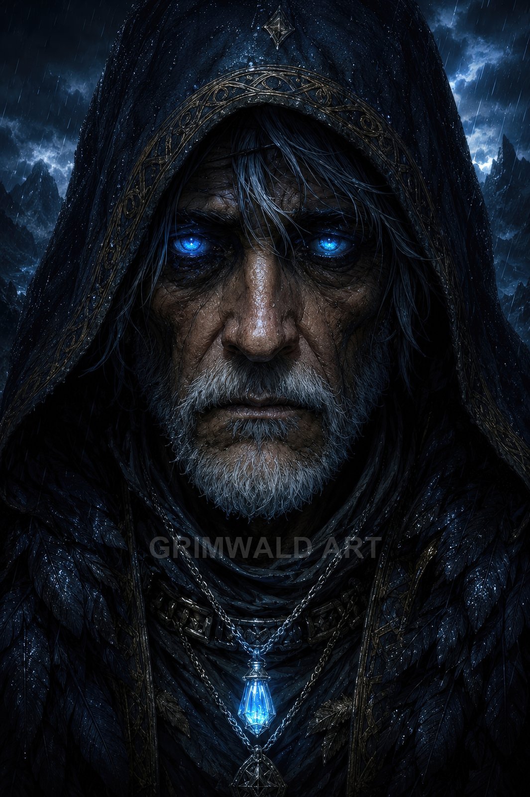Close-up portrait of a hooded older man with glowing blue eyes and crystal pendant, in rain at night, mountains and lightning behind.