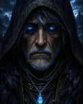 GRID THUMBNAIL — Close-up portrait of a hooded older man with glowing blue eyes and crystal pendant, in rain at night, mountains and lightning behind.