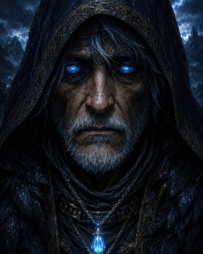 GRID THUMBNAIL — Close-up portrait of a hooded older man with glowing blue eyes and crystal pendant, in rain at night, mountains and lightning behind.