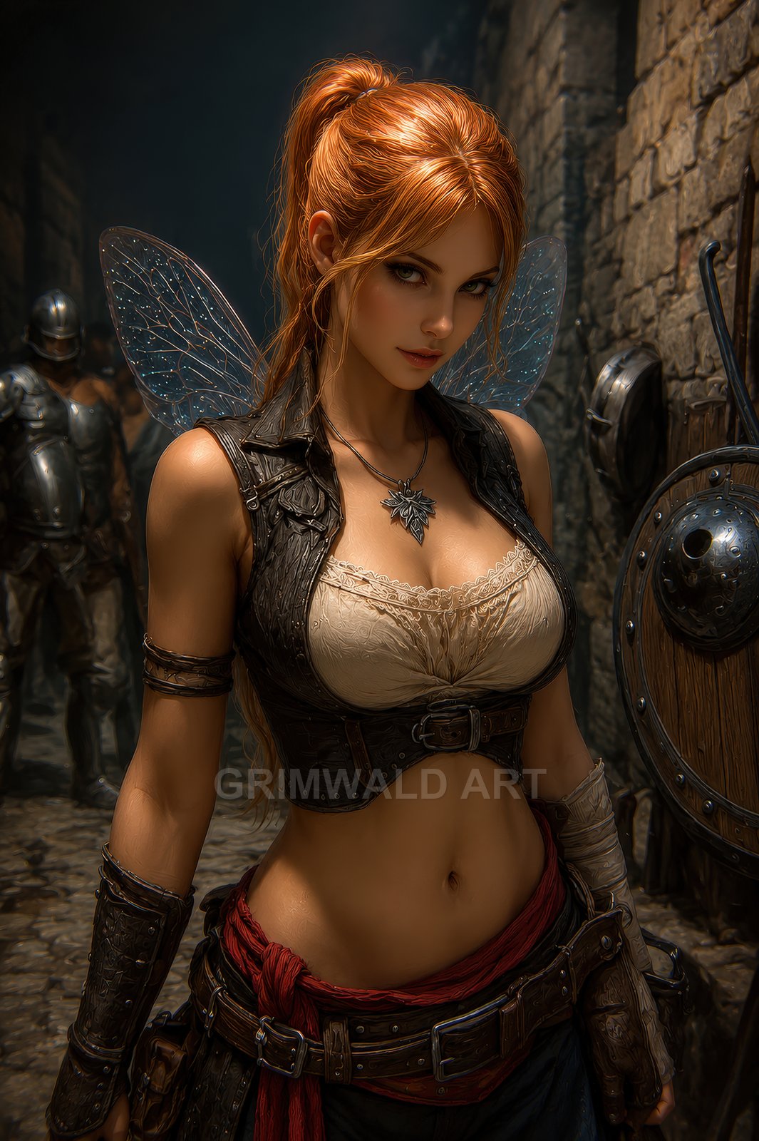 Red-haired fairy with translucent wings and leather armour stands in a medieval alley, flanked by armoured guards and shields, moody twilight lighting.