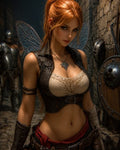 GRID THUMBNAIL — Red-haired fairy with translucent wings and leather armour stands in a medieval alley, flanked by armoured guards and shields, moody twilight lighting.