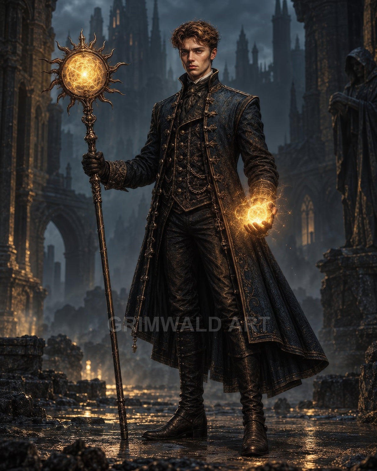 A male mage in ornate dark attire holds a radiant sun-shaped staff and glowing orb, standing amid wet gothic ruins at twilight.