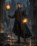 GRID THUMBNAIL — A male mage in ornate dark attire holds a radiant sun-shaped staff and glowing orb, standing amid wet gothic ruins at twilight.