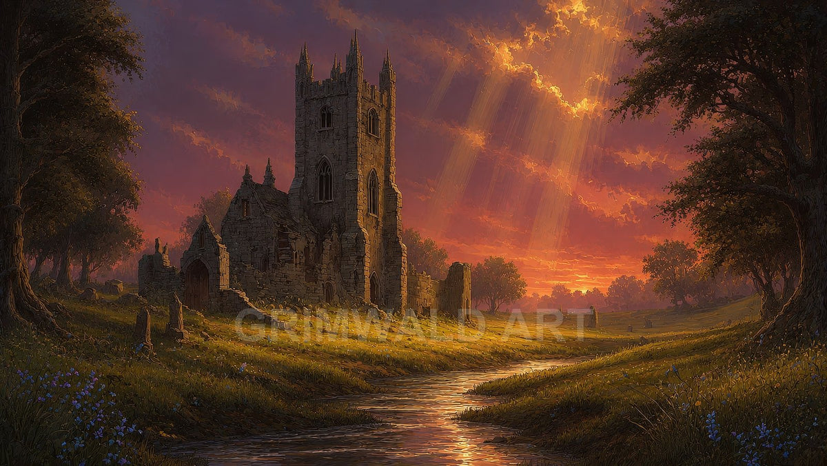 Golden sunset rays pour through clouds onto a ruined stone church beside a winding stream, framed by trees and wildflowers in a quiet valley.