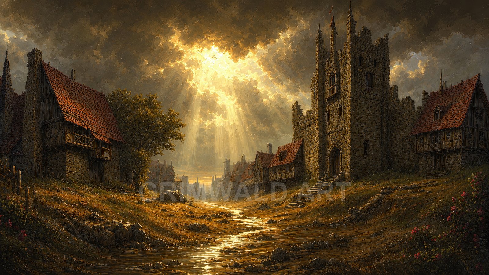 Medieval village street with stone gatehouse and timbered cottages, golden sunbeams piercing storm clouds, a shallow stream reflecting light through the lane.