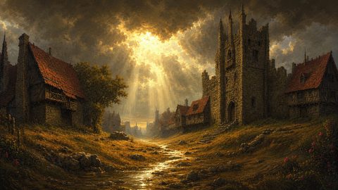 GRID THUMBNAIL — Medieval village street with stone gatehouse and timbered cottages, golden sunbeams piercing storm clouds, a shallow stream reflecting light through the lane.