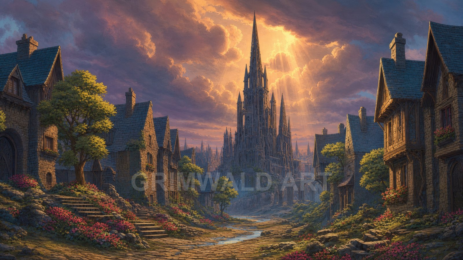 A medieval fantasy village lane leads toward a towering spired cathedral, with sunbeams piercing dramatic clouds at golden hour, flowers and stone cottages glowing.