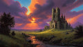 GRID THUMBNAIL — A weathered stone castle rises above a winding stream and open meadow beneath dramatic purple and orange sunset clouds, with radiant sunbeams breaking through.