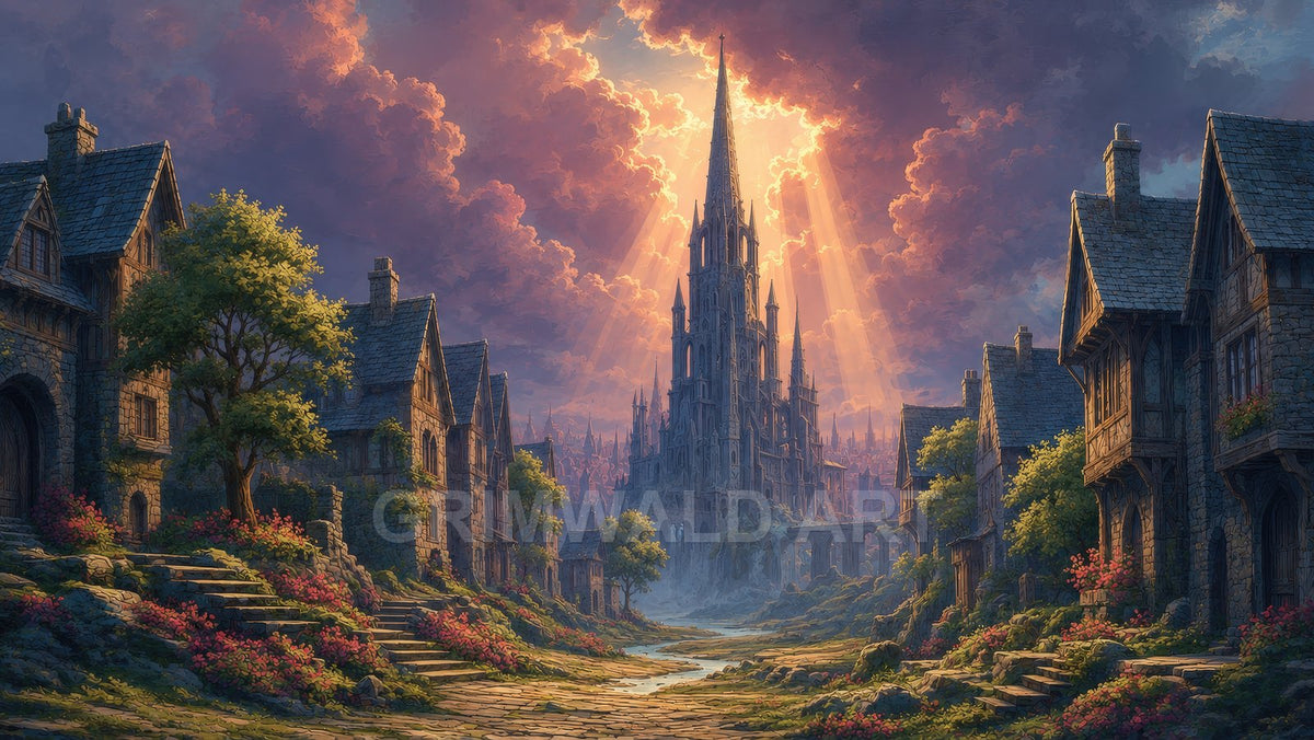 Sunburst Spireway – Retro Fantasy Landscape Art